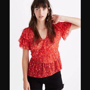 Madewell Red Metallic Prairie Floral Posies Tiered-Sleeve Peplum Top S